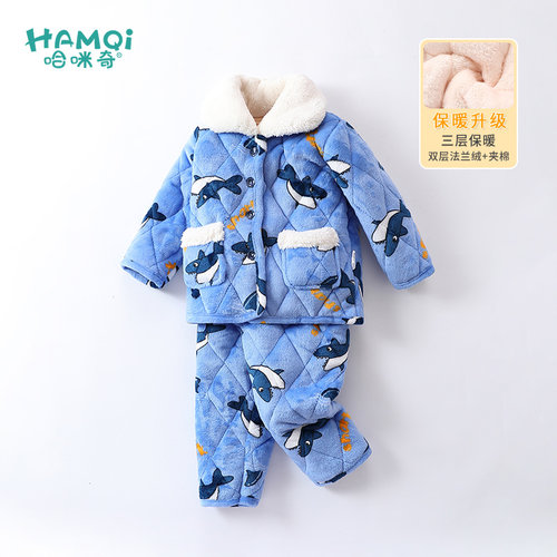 男童加厚夹棉法兰绒外穿家居套装