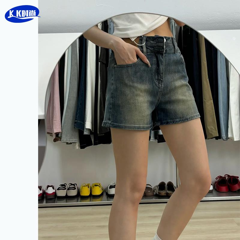 美式复古牛仔短裤女2025夏季新款辣妹双扣高腰显瘦设计感百搭热裤