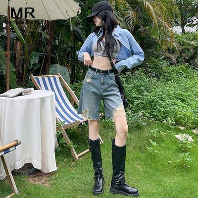 破洞高腰牛仔短裤女夏季2025新款薄款辣妹a字包臀小个子五分裤子
