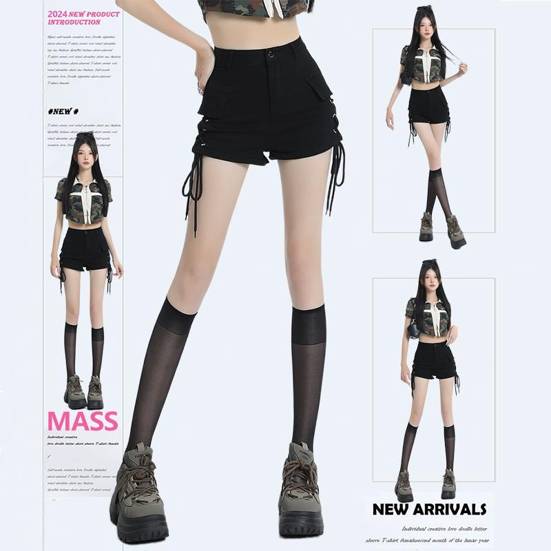 MASS黑色短裤女春夏2025新款辣妹修身显瘦美式设计感绑带牛仔热裤