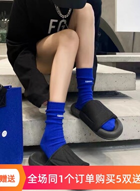 潮牌ader双针黑白蓝中筒袜刺绣全棉袜韩国设计师男女街头运动潮袜