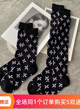 SMF满印十字提花丝袜欧货潮牌字母黑色时尚性感网红微透长筒丝袜