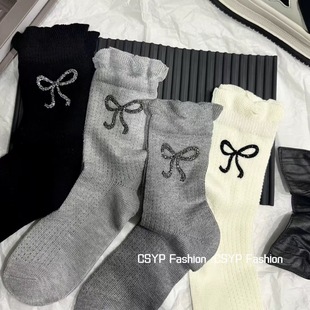 烫钻蝴蝶结花边薄款 春夏新款 袜子女ins甜美网眼堆堆袜中筒袜潮袜