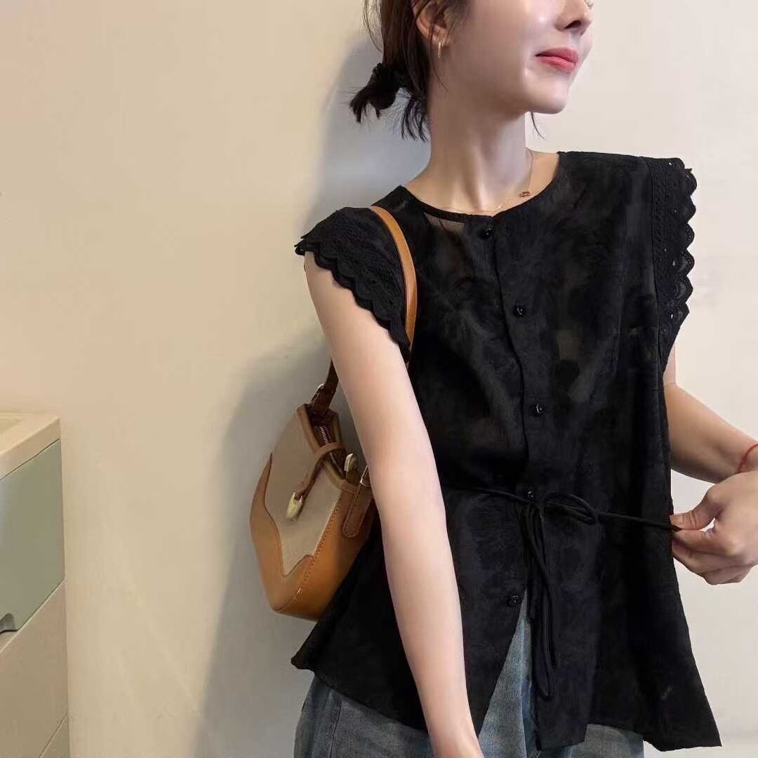 重工提花系带无袖衬衫女上衣2025新款夏季气质百搭洋气设计感小衫