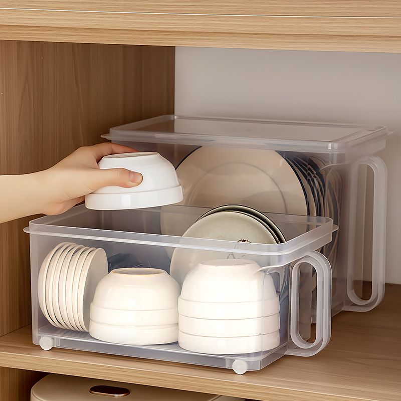 橱柜碗碟收纳盒带盖大容量家用厨房塑料碗柜碗箱碗架装碗筷收纳箱