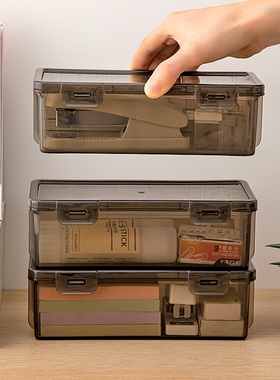 小型收纳盒防尘带盖办公夹子整理盒桌面透明订书机便利贴储物盒子