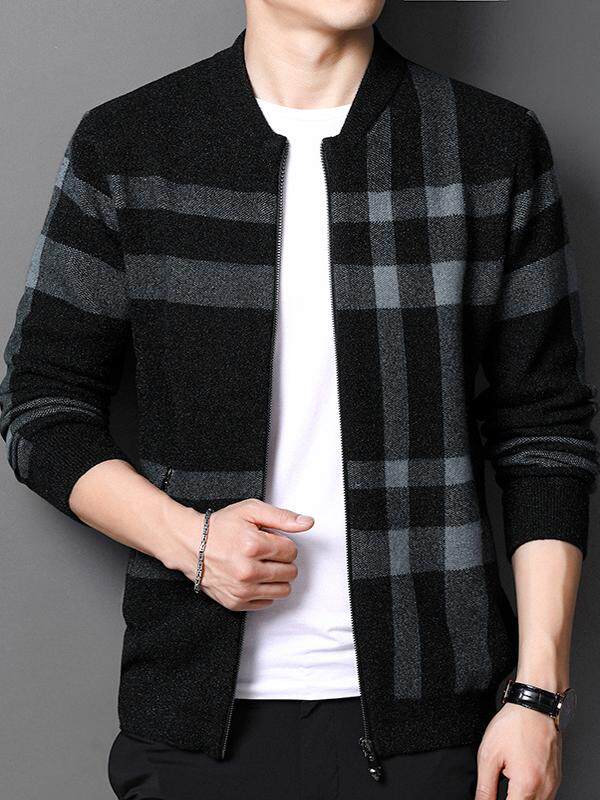 FALL WINTER KNITTED WOOL CARDIGAN MENS BUSINESS CASUAL PLAID BASEBALL COLLAR CASHMERE SWEATER HIGH END MENS OUTERWEAR
