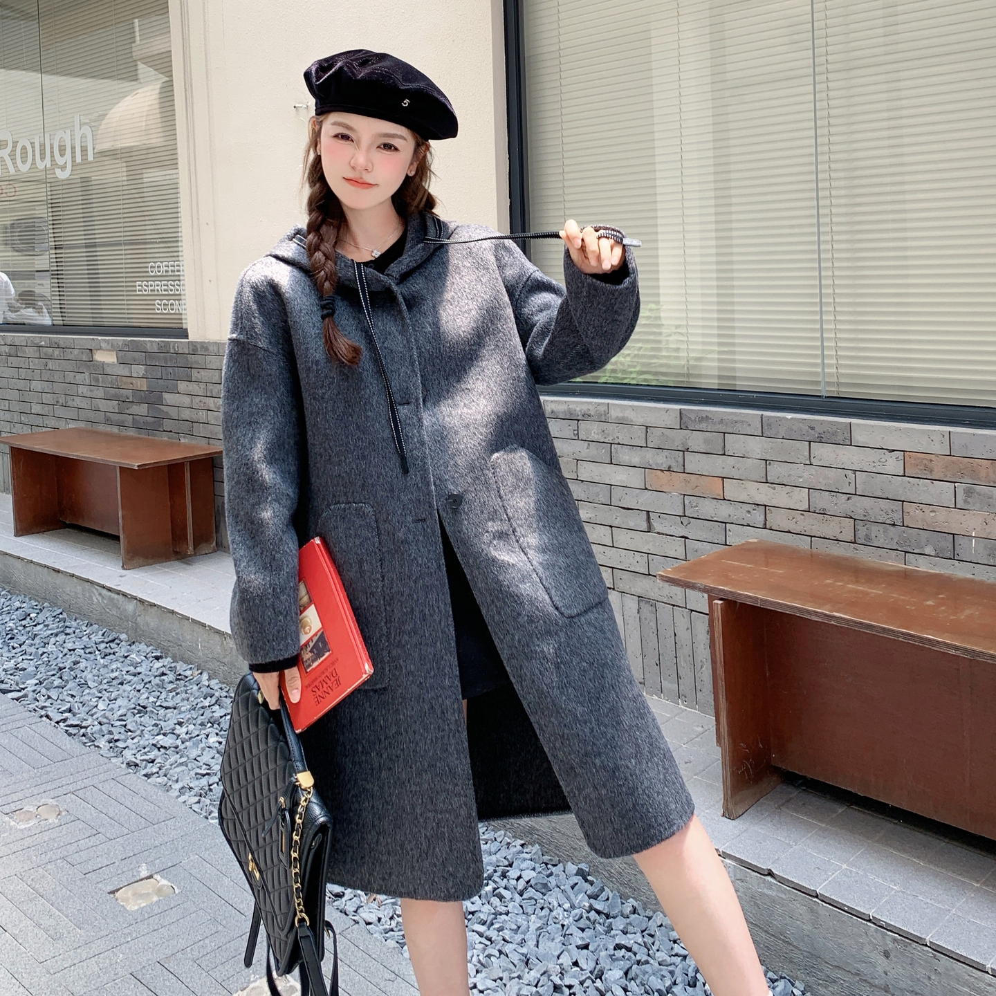 2C291灰色时尚减龄韩系连帽羊毛羊绒大衣Y1315-P295-K499