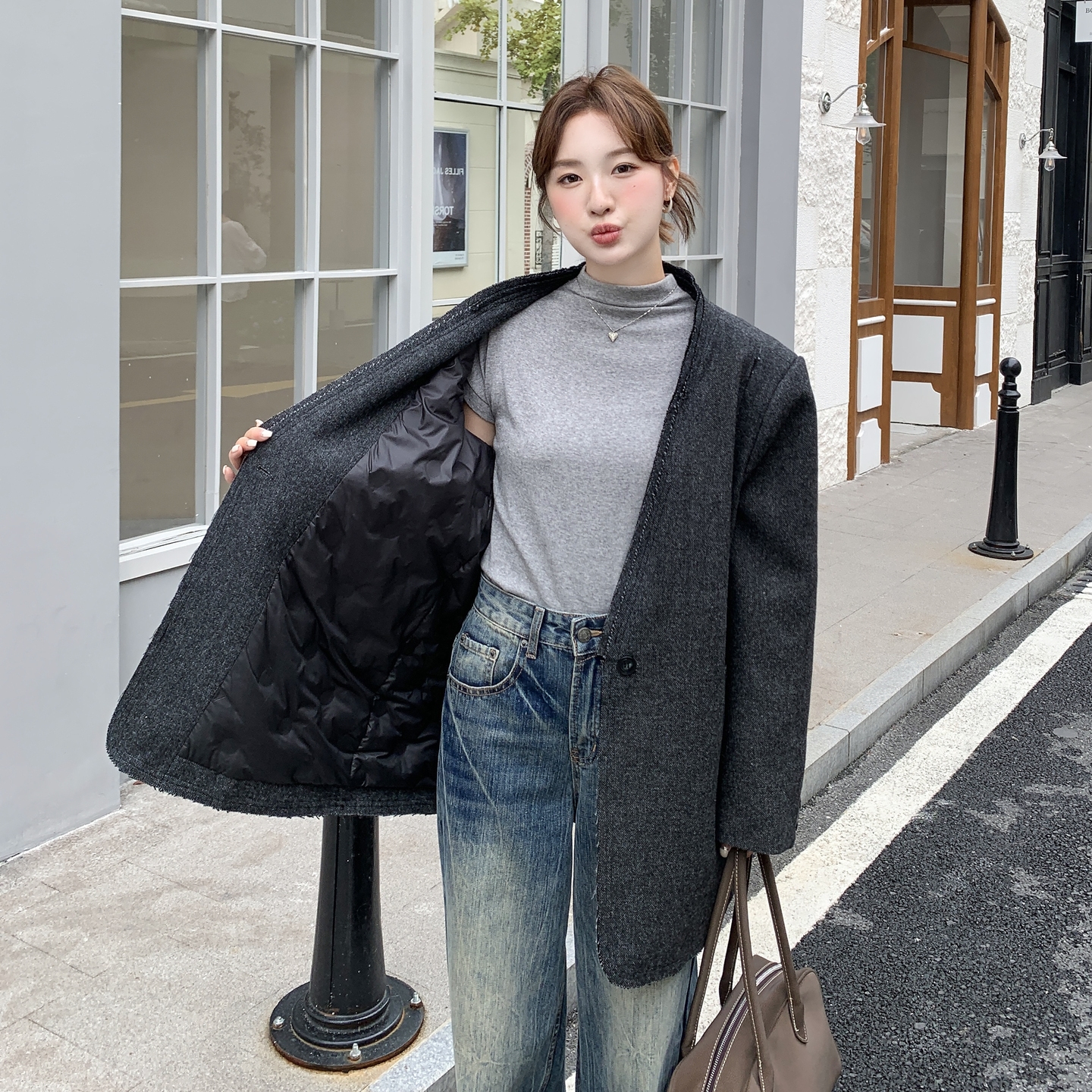 2C291设计师款中长款羊毛呢90羽绒服YRF891-P265-K399