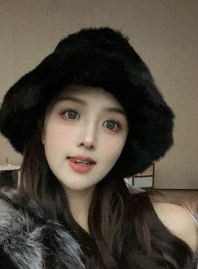 真兔毛白色毛绒新款帽子女秋冬季