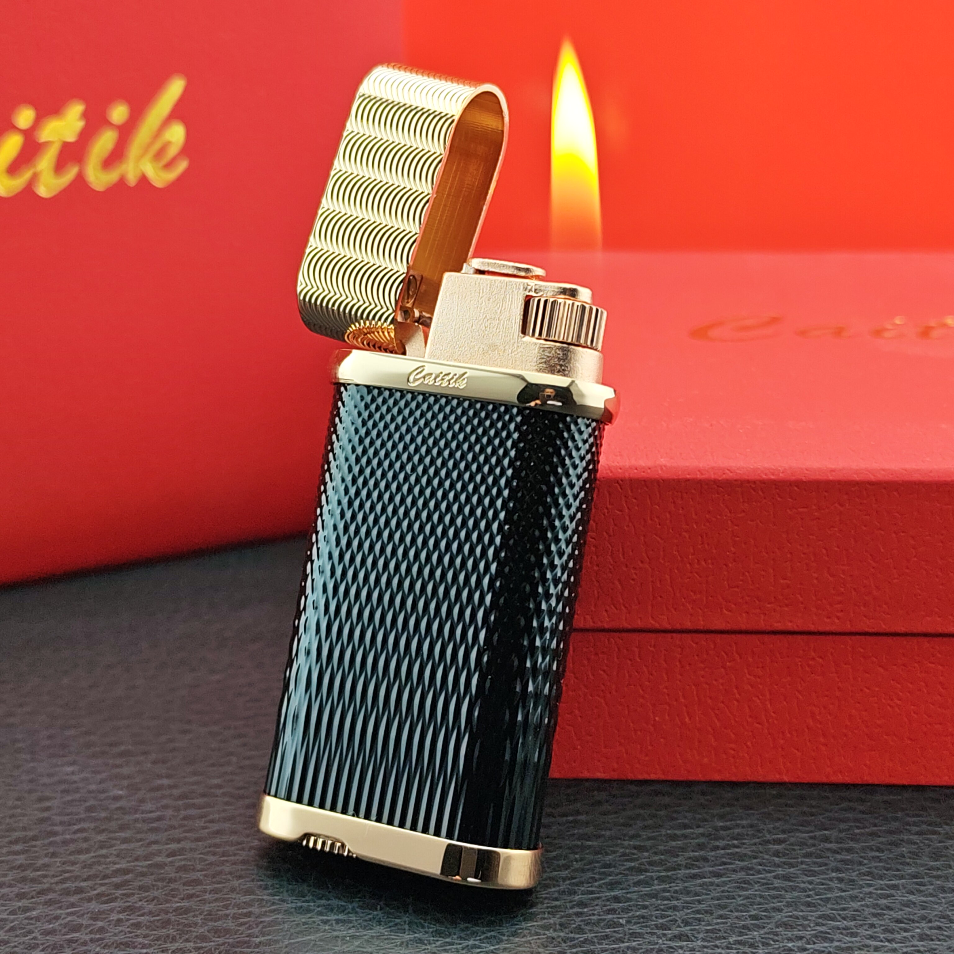 正品法国卡蒂克Caitik斜火打火机纯铜复古砂轮充气送礼烟斗不褪色