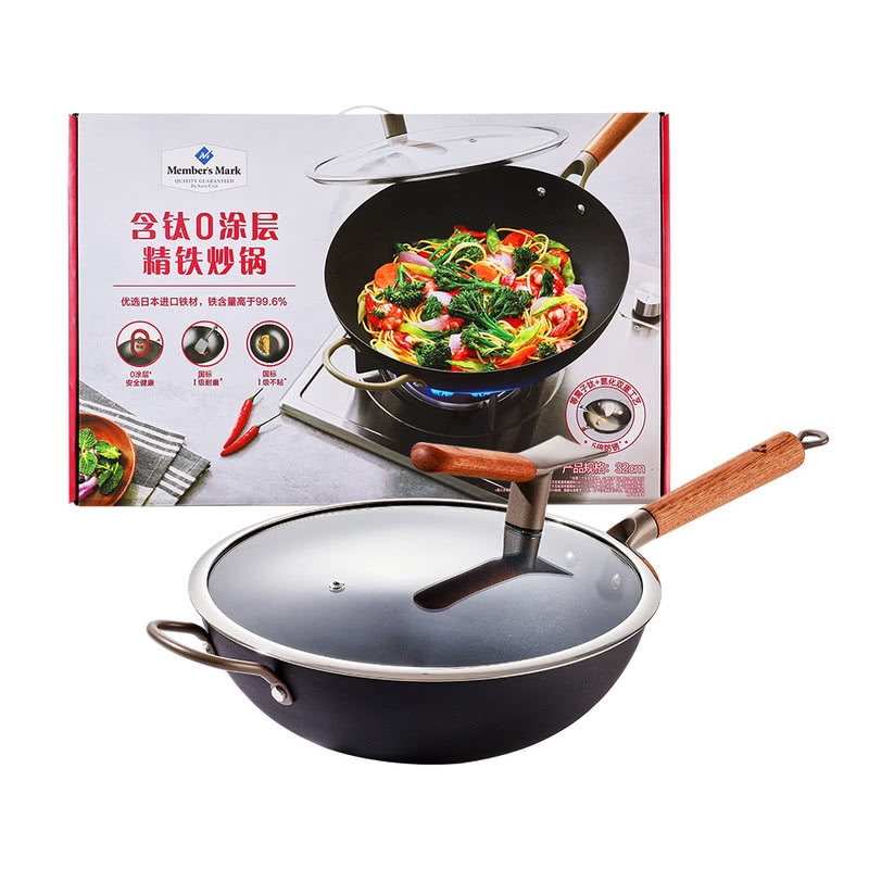 MM山姆含钛0涂层精铁炒锅32cm中式炒锅煎炸炖煮炒菜玻璃盖免开锅,厨房/烹饪用具,炒锅,淘宝优惠券,粉丝福利购,淘宝优惠卷