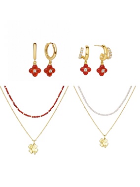 博主同款 幸运符号四叶草鸿运叠链珍珠毛衣链新年红色项链