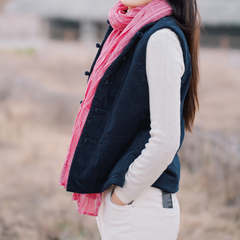 原创设计冬季女纯棉中式改良加棉背心立领复古棉马夹纯色盘口上衣