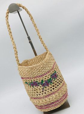 新款手工编织包钩针包水桶包草编包绣花女包可爱海边手提包手拎包