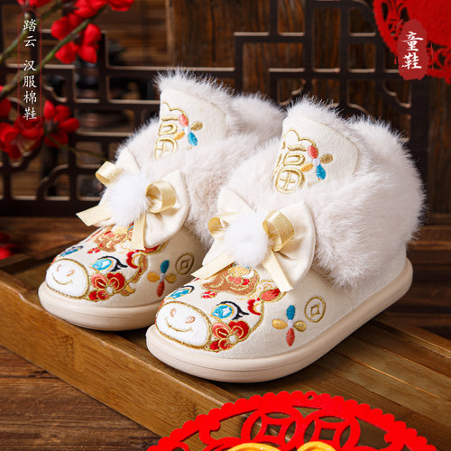 汉服鞋女童冬季古风加绒绣花棉鞋