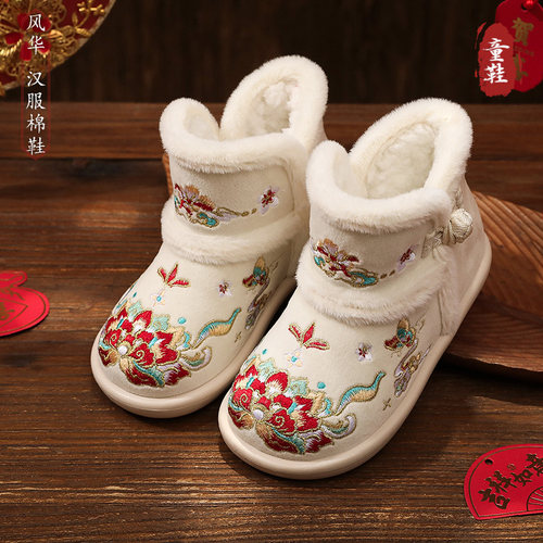 汉服鞋女童冬季加绒古风绣花棉鞋