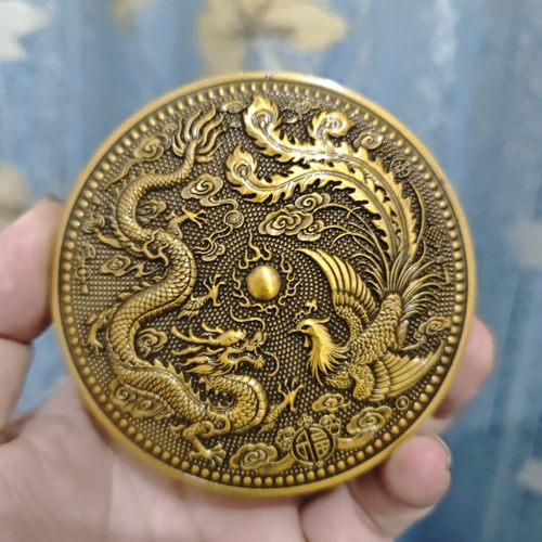 仿古实心龙凤戏珠收纳盒首饰盒墨合决策币浮雕纹饰复古铜色
