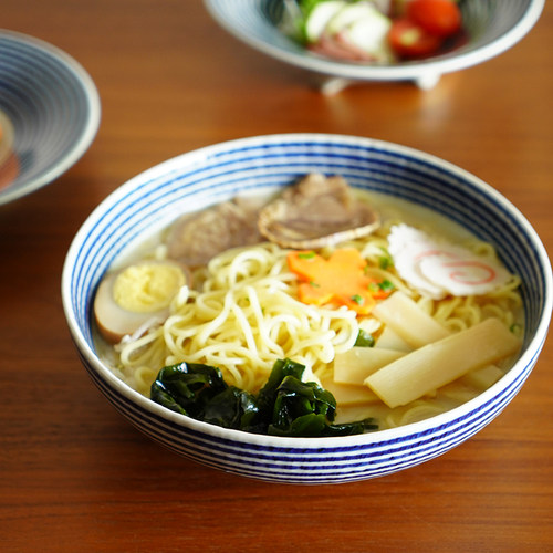 日本马场商店蓝驹条纹陶瓷拉面碗