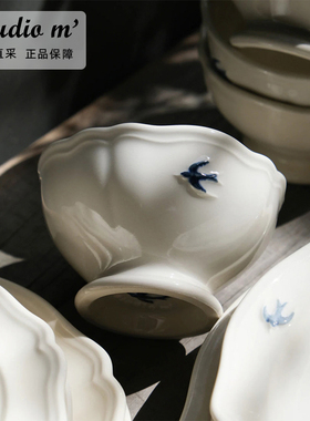 日本Studio M人气燕子陶瓷餐具日式复古浮雕花边甜品碗餐盘菜盘