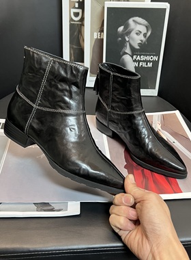 【撤柜断码】牛皮3公分/经典复古高奢小尖头女鞋百搭靴子A115