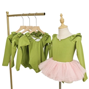 儿童舞蹈服芥末绿长袖荷叶袖秋冬套装练功服女童跳舞服装小花朵裙