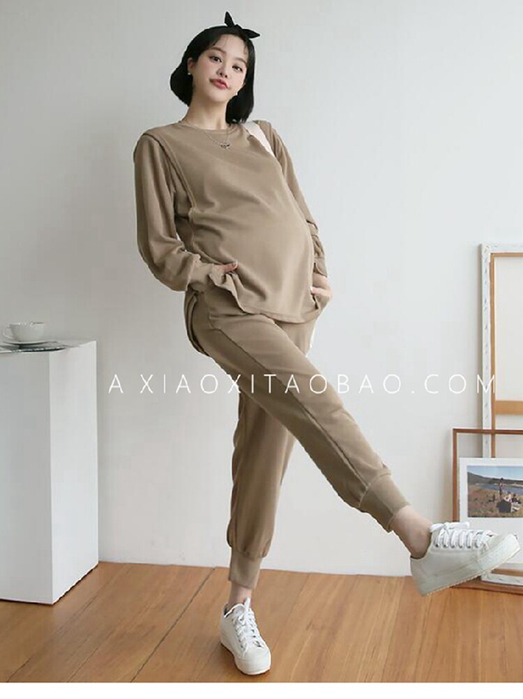 MATERNITY AUTUMN CLOTHES SET KOREA PURCHASING AGENT 2024 NEW OUTING SOLID COLOR CASUAL SPORTS BREASTFEEDING SPRING AND AUTUMN TWO-PIECE SET