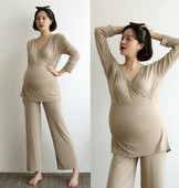 喂奶睡衣套装 孕妇纯色春秋款 莫代尔月子服产后薄款 韩国代购 哺乳装