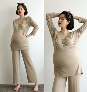 喂奶睡衣套装 孕妇纯色春秋款 莫代尔月子服产后薄款 韩国代购 哺乳装