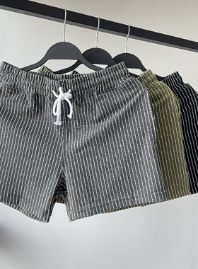 高档纯棉条纹三分裤男运动休闲短裤口袋运动中腰直筒男士裤子潮流