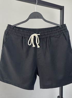 不过膝盖三分裤男亚麻夏天系绳四分松紧腰4分休闲裤男士棉麻短裤