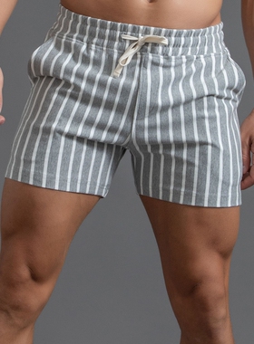 膝盖以上三分裤男全棉夏季家居很短的短裤运动裤跑步竖条纹3分裤