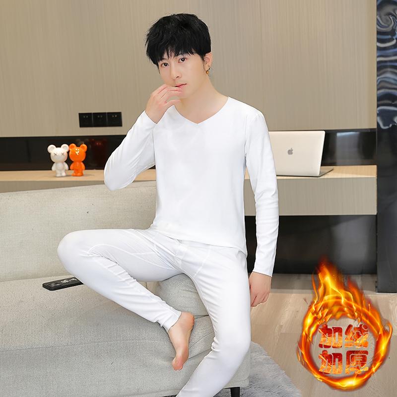 青年男士德绒秋衣秋裤套装青少年学生双面磨毛无痕保暖内衣打底衫