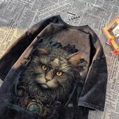 T恤男女夏季 美式 复古水洗做旧纯棉重磅短袖 潮牌酷猫宽松情侣上衣
