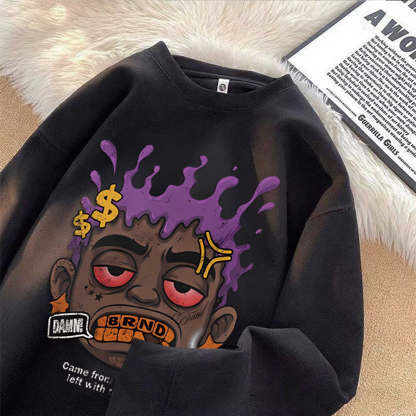 美式个性潮酷卡通印花加厚卫衣男