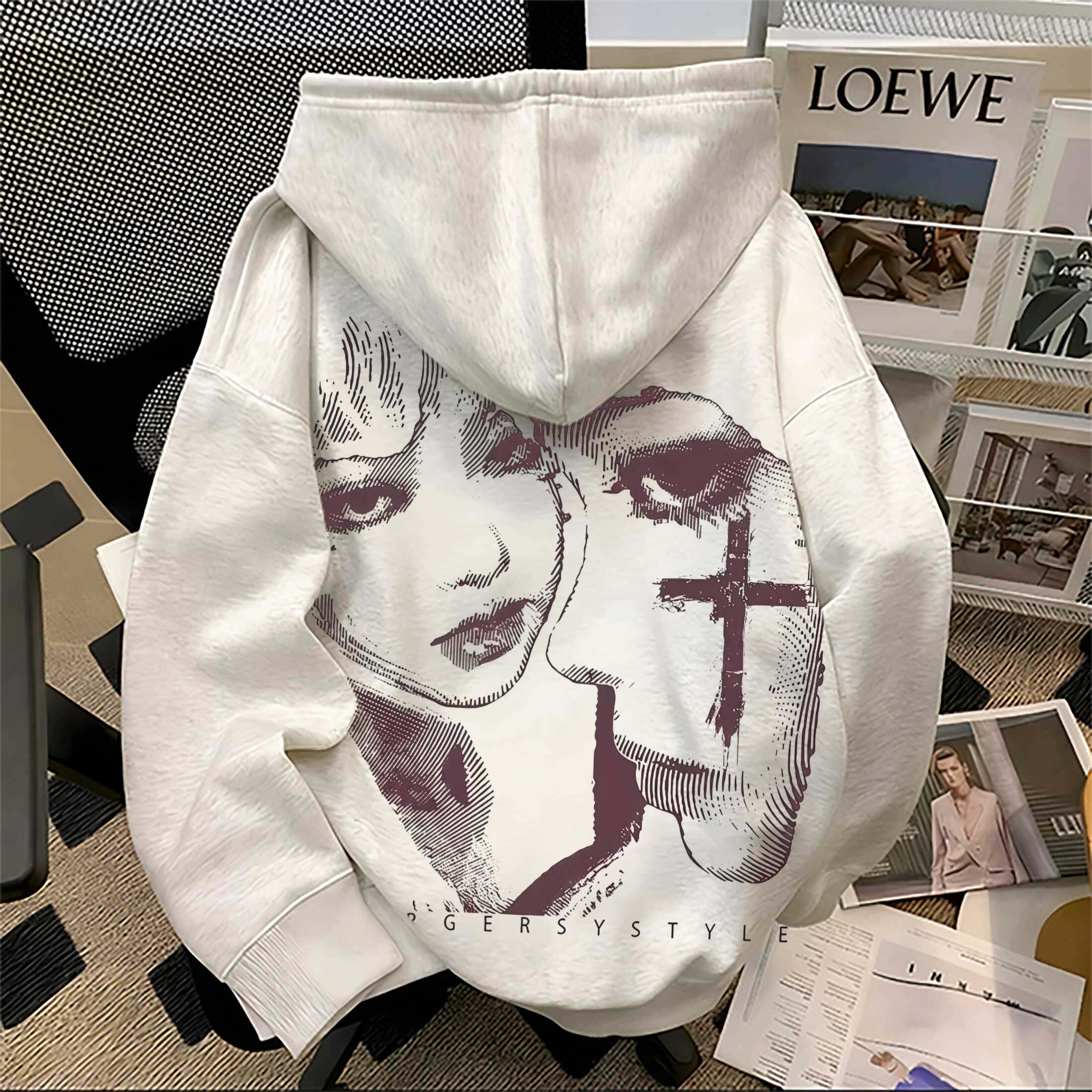 美式复古暗黑人像加绒连帽卫衣素描人脸印花宽松落肩oversize帽衫