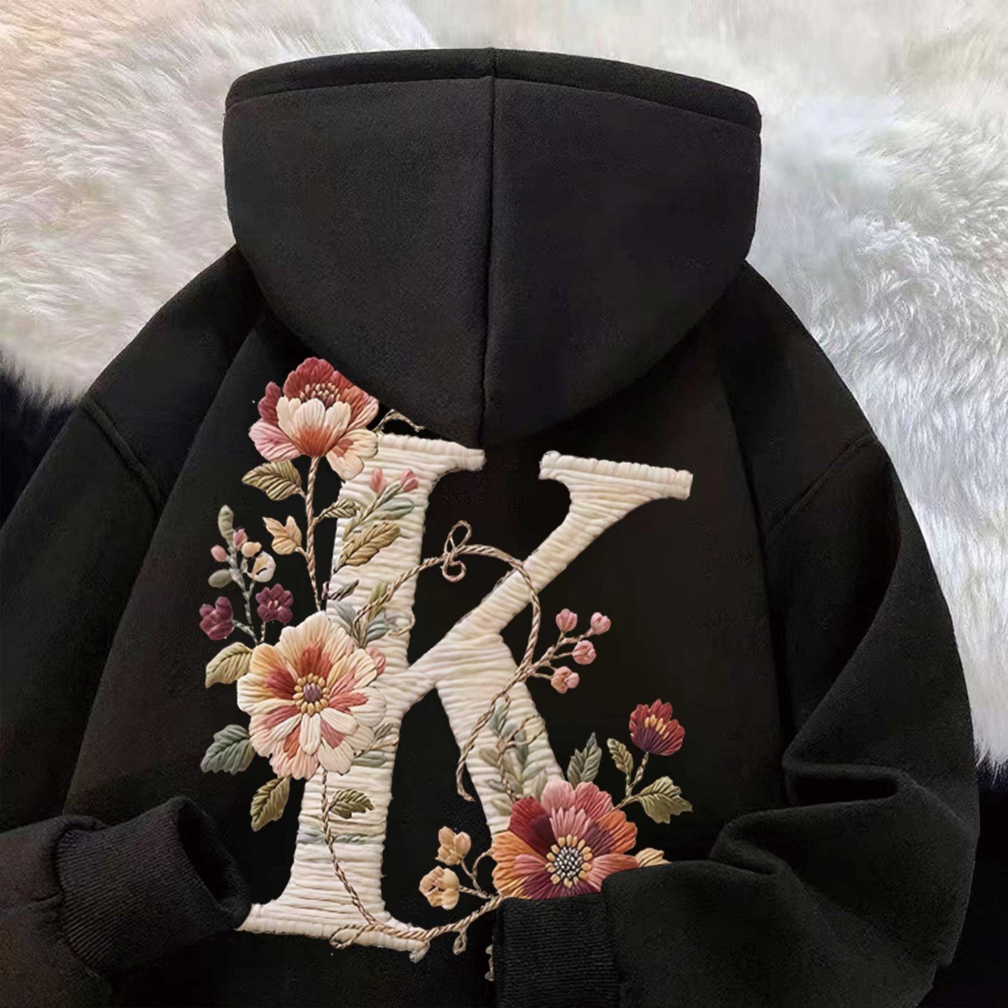 秋冬加绒加厚字母印花连帽卫衣设计感K字母仿刺绣宽松男女款外套