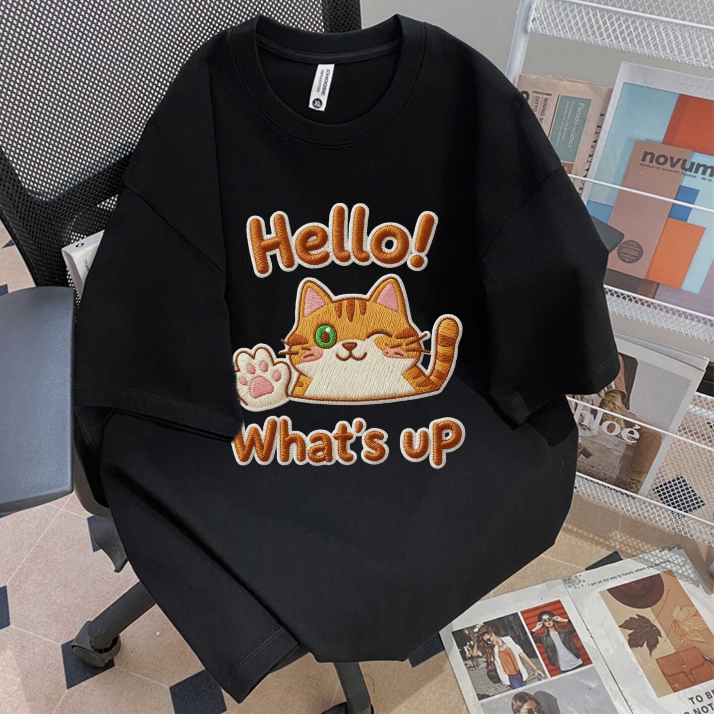 新款卡通可爱风猫咪印花短袖T恤男女宽松百搭情侣装上衣黑色