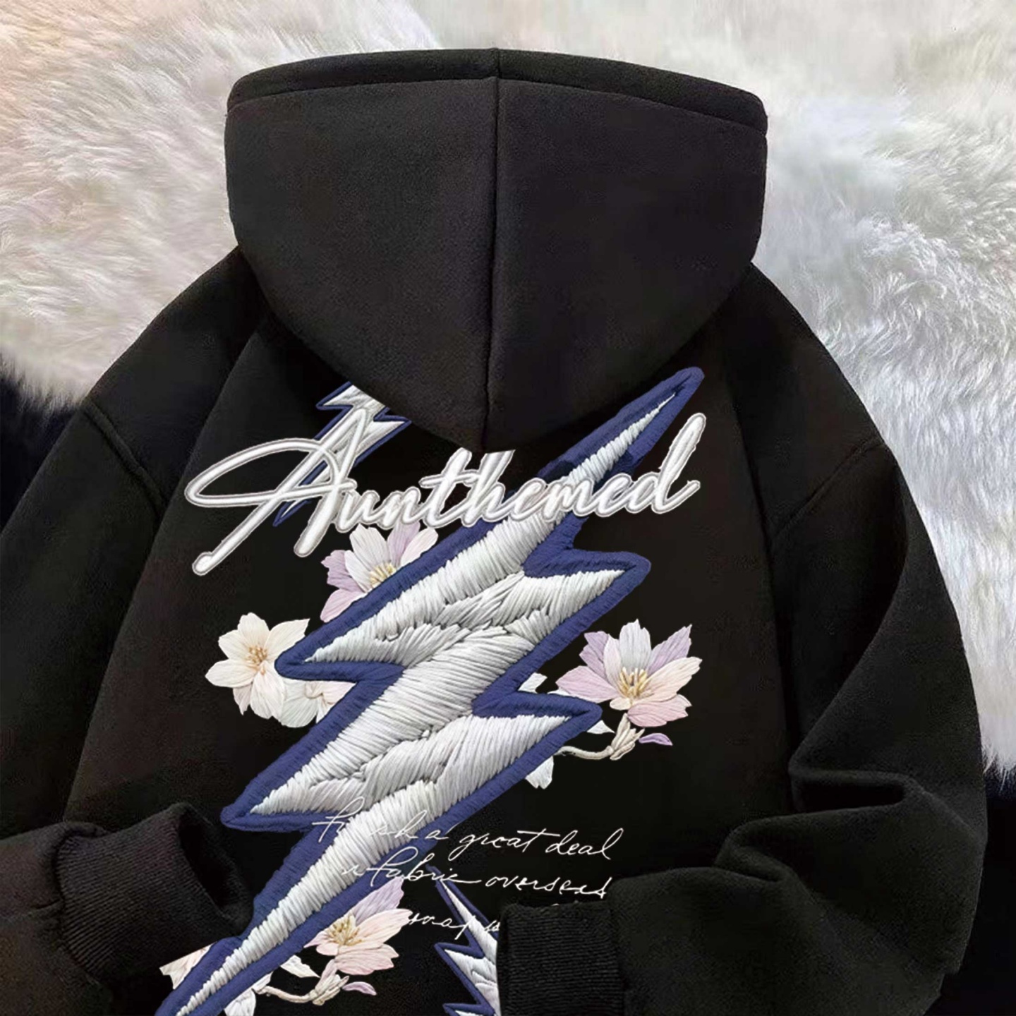 闪电花卉仿刺绣印花加绒连帽卫衣