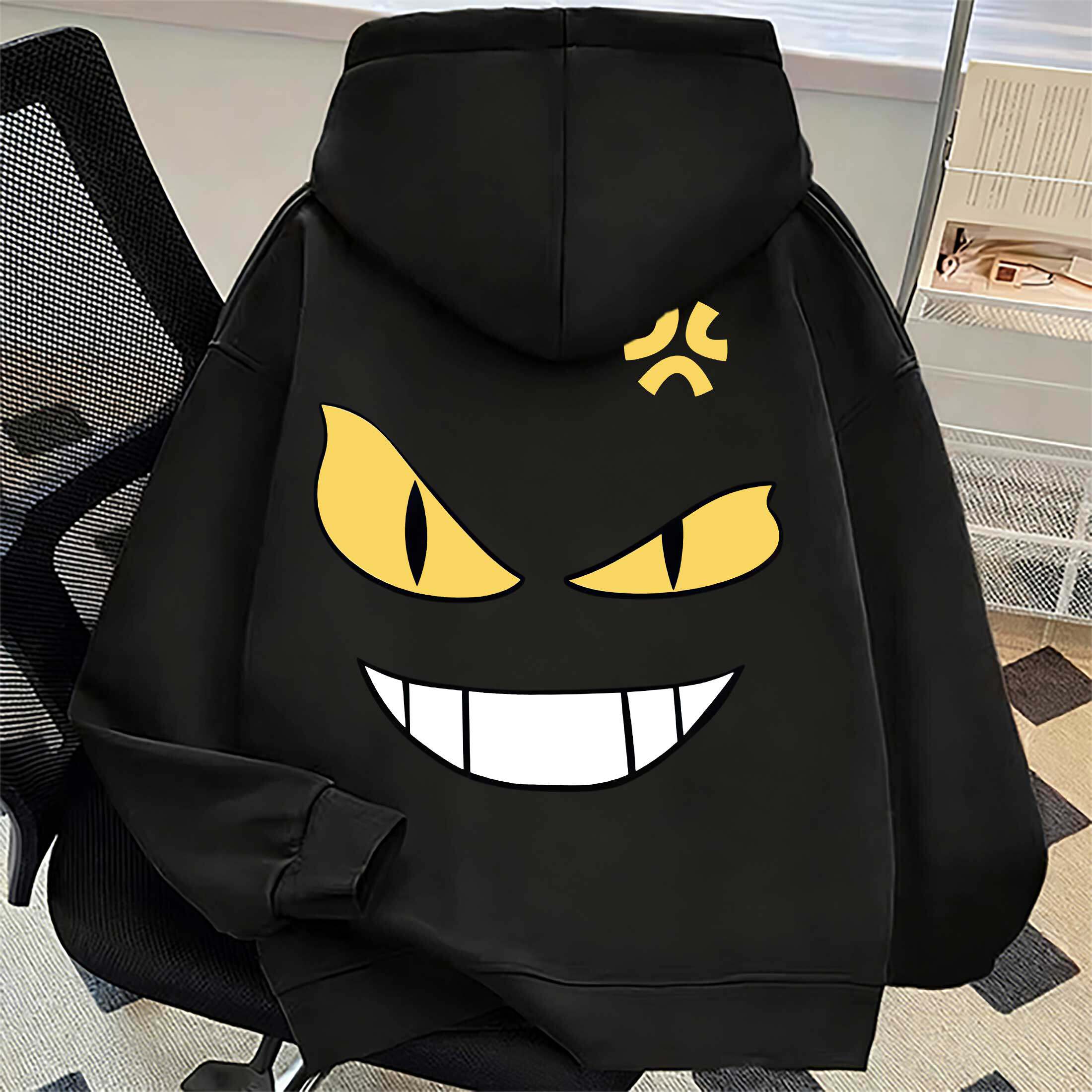 高街风超酷坏笑恶魔加绒加厚卫衣黄眼睛表情连帽衫宽松情侣款外套