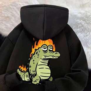美式复古卡通火焰鳄鱼加绒连帽卫衣秋冬潮牌宽松加厚搞怪情侣外套