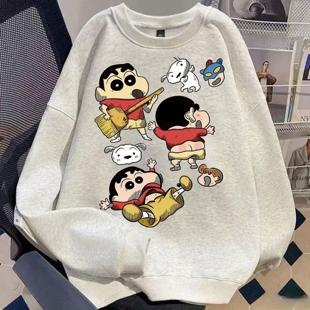 日系复古蜡笔小新加绒加厚圆领卫衣男女秋冬新款套头宽松上衣外套