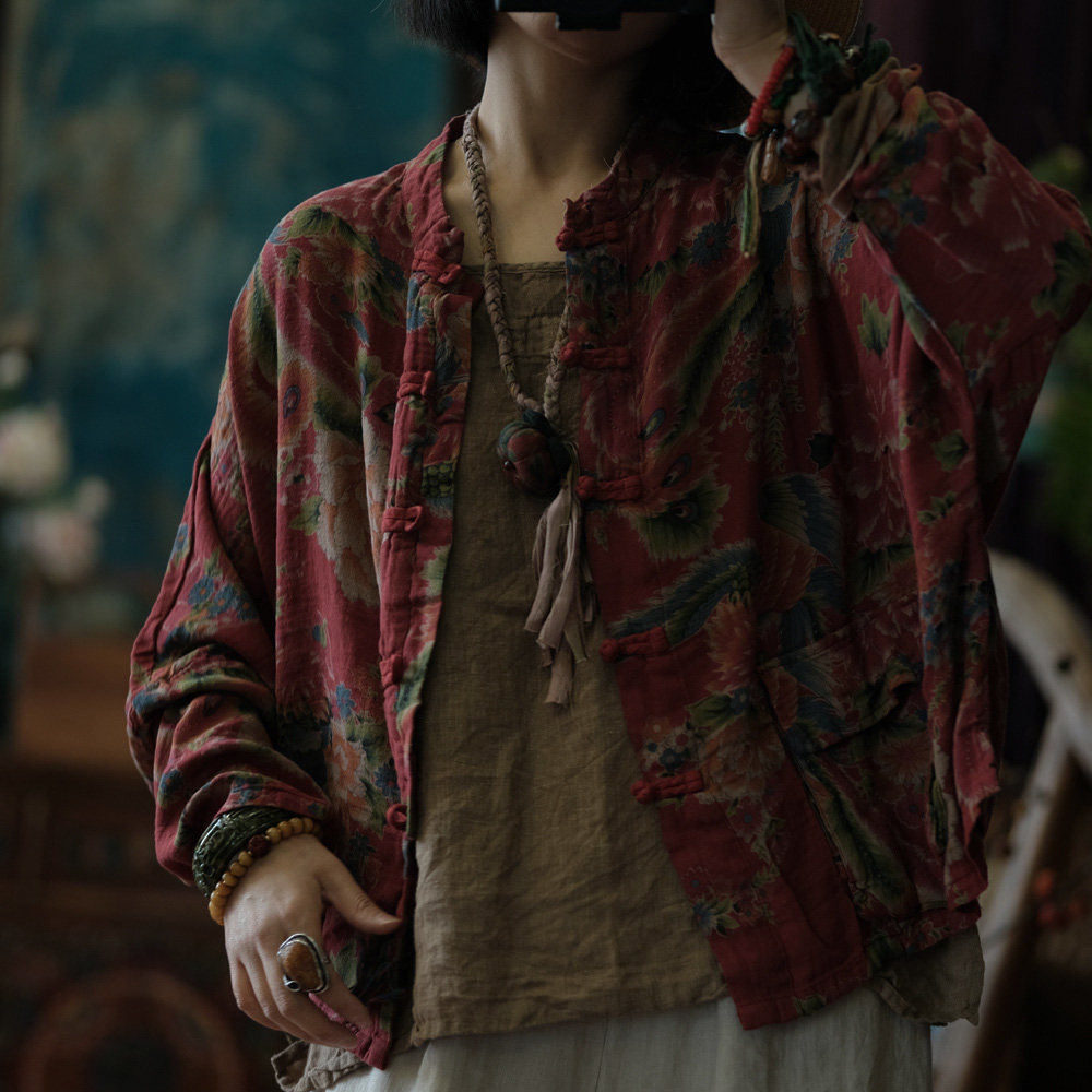 春夏纯棉印花宽松版大衬衫女中式