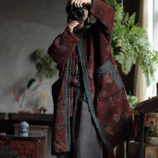 中式复古炒色条绒对襟盘扣拼接棉衣女 冬季宽松大码长款风衣外套