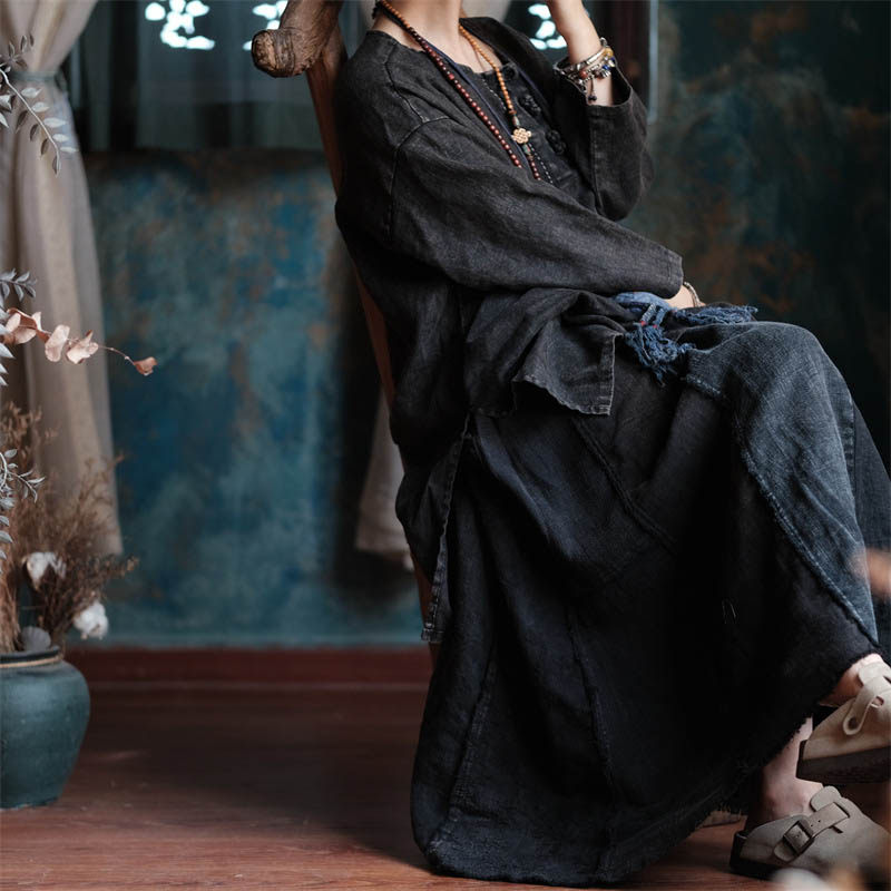 春季棉麻拼接毛边松紧腰半身裙女