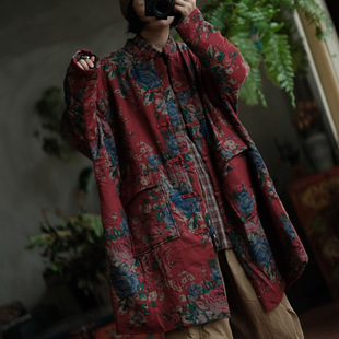 秋冬季棉麻大花复古中式盘扣棉衣外套 宽大夹棉中长保暖被子棉袄