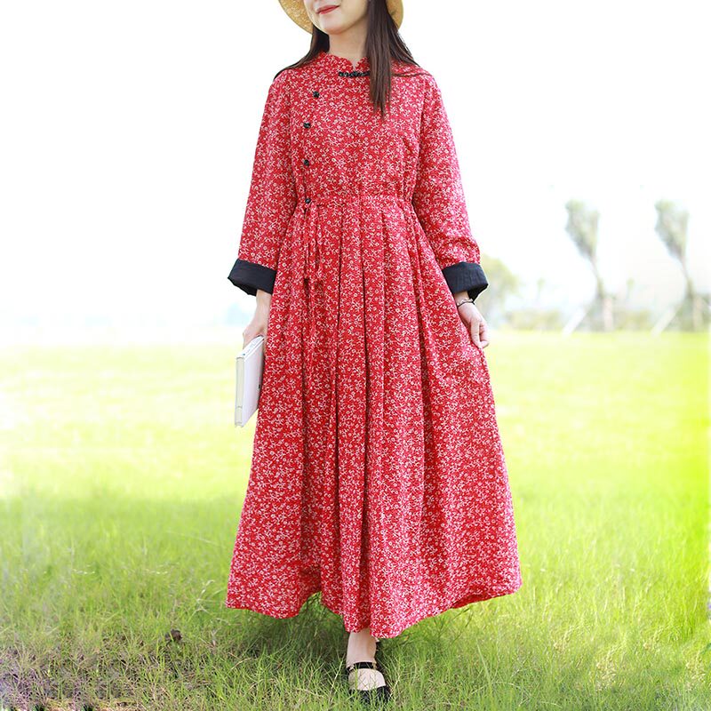 民族风中式宽松长裙女秋棉麻印花