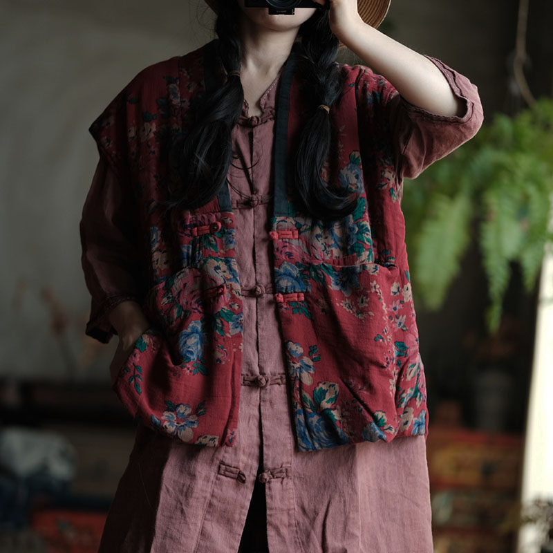 复古棉质大花宽松夹棉马甲女秋冬