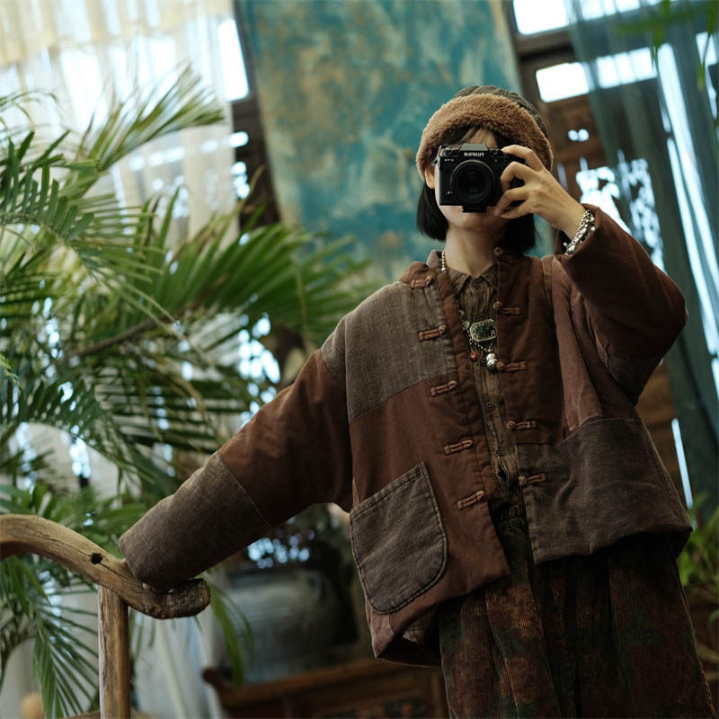 2025早春棉麻拼布撞色短款棉衣女 复古中式盘扣对襟宽松棉服外套