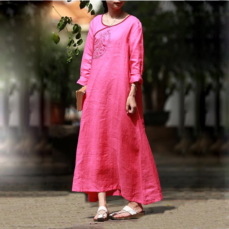 民族风春夏季圆领中长款裙子女 苎麻纯色复古刺绣宽松长袖连衣裙